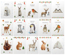 Load image into Gallery viewer, kerstkaarten Mies to Go handgeschilderd aquarel kerstgroet kerstwens ijsbeer pinguin konijn roodborstje muisje hert vogels hertje luipaard uil beer eekhoorn sneeuwuil
