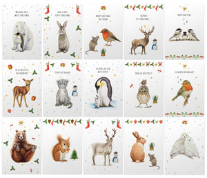 kerstkaarten Mies to Go handgeschilderd aquarel kerstgroet kerstwens ijsbeer pinguin konijn roodborstje muisje hert vogels hertje luipaard uil beer eekhoorn sneeuwuil