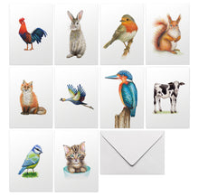 Afbeelding in Gallery-weergave laden, wenskaarten met envelop blanco Hollandse dieren kaart ansichtkaart greeting card postcard watercolor animals dieren aquarel haan kraanvogel ijsvogel koe kalfje pimpelmees poes kat konijn eekhoorn vos konijntje roodborstje
