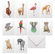 Afbeelding in Gallery-weergave laden, set van 10 blanco wenskaarten tropische dieren
